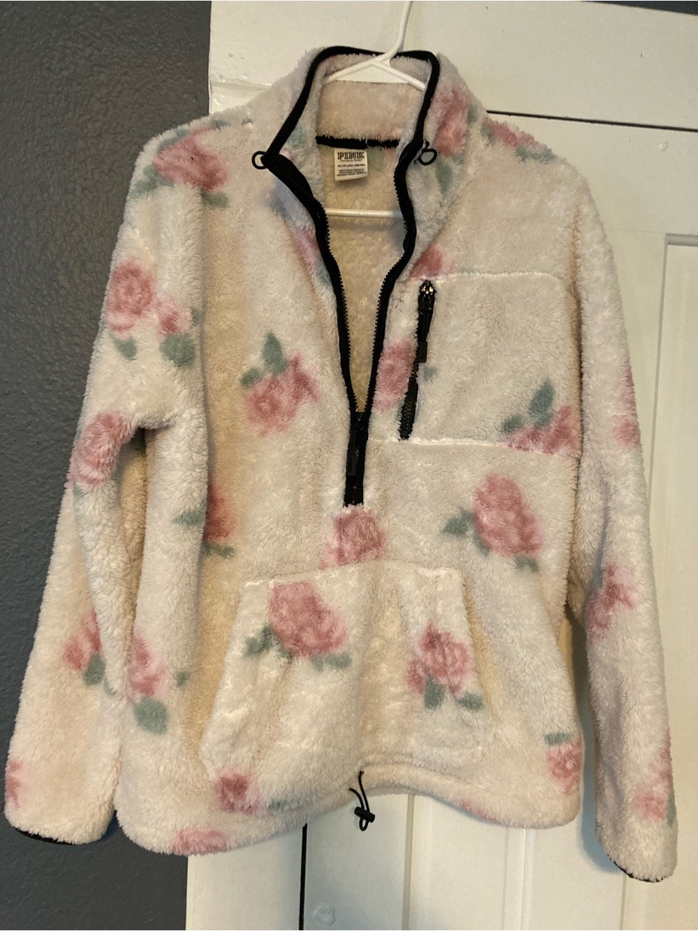 PINK Cozy Floral Sherpa Pullover Jacket in Cream and Pink (fits like small/med)